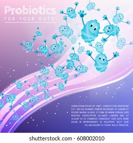 Caracteres de bacterias de probióticos cómicos divertidos - Tratamiento microbiológico de diversas enfermedades - Afiche de panflaje de volante médico Modelo de maqueta Diseño Vector Ilustración de arte