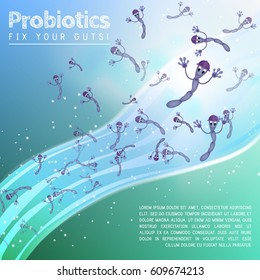 Graciosos probióticos cómicos bacterias Caracteres de obrero de construcción - Tratamiento microbiológico de diversas enfermedades - Cartel de viajero médico maqueta maqueta de plantilla Vector ilustraciones