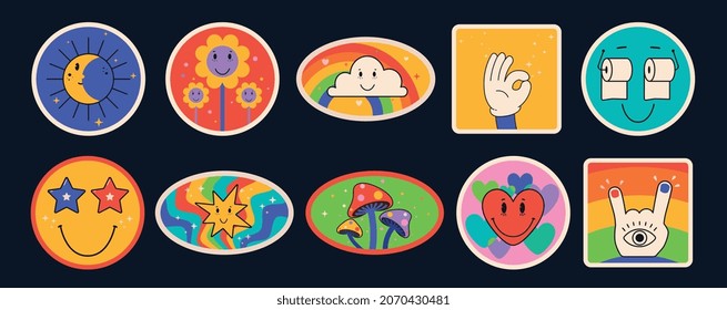 Funny comic sticker characters. Set of cartoon stickers, hand up, smile, colorful mushrooms, moon, rainbow with clouds, toilet paper, heart.