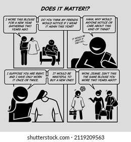 Funny Comic Strip. Does It Matter. Woman Wearing The Same Clothing Two Years Ago And Was Laughed By Her Girl Friends. Comic Depicts Ridicule, Bitchy, Unkind Criticism, And Wasteful.  