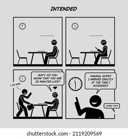 Funny comic strip. Intended. Business man late for meeting but he did it on purpose. Comic depicts late, unserious, unpunctual, and behind time.