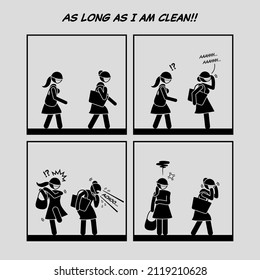 Funny comic strip. As long as I am clean. A selfish woman taking off her mask to sneeze and does not care about other. Comic depicts spreading virus, unhygienic, dirty, and flu disease transmission.