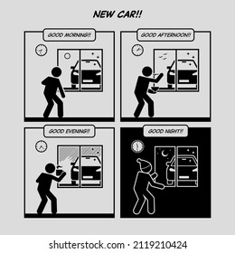 Funny comic strip. New car. Man repetitive checking on his new car to make sure it is all right. Comic depicts OCD checking, new car owner, and paranoia. 