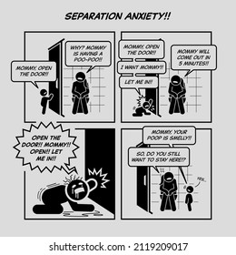 Funny Comic Strip. Separation Anxiety. Small Child Want To Go Inside The Toilet Together With His Mother. Comic Depicts Parenting Problem, Separation Anxiety, Clingy Kid, And Emotional Baby Toddler. 