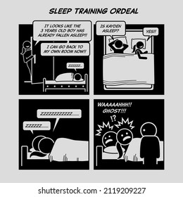 Funny comic strip. Sleep training ordeal. Mother training her child to sleep alone in the room. Comic depicts parenting, surprised, kid waking up in midnight. 