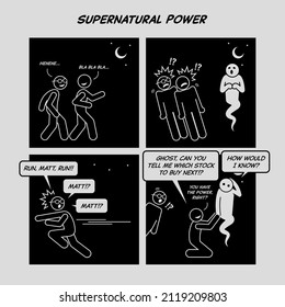 Funny Comic Strip. Supernatural Power. Man Asking Ghost For Stock Market Prediction And Forecast. Comic Depicts Financial Prediction And Supernatural Power.