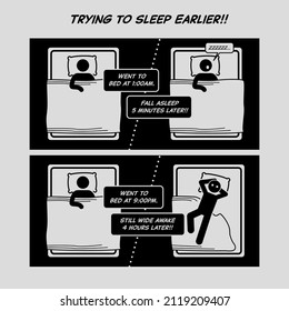 Funny comic strip. Trying to sleep earlier. Man fall asleep fast when sleeping late, but cannot fall asleep when trying to sleep early. Comic depicts restlessness, sleep habit, and wide awake. 