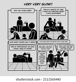 Funny comic strip. Very very slow. Man waiting for woman to finish shopping at shopping mall. Comic depicts shopaholic, slow, boring, impatient, and waste of time. 