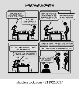 Funny comic strip. Wasting money. Woman eating too much, gain weight, and decided to go slimming center to reduce weight. Comic depicts indulgence, binge, overeating, weight gain, and wasting money.