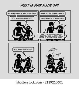 Funny comic strip. What is hair made of. Little boy asking his mother what is hair made of. Comic depicts parenting, child curiosity, funny question and answer. 