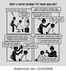 Funny comic strip. Why I hate going to hair salon. Man going for a haircut and the hairdresser hard selling his products instead of giving him the hair cut.