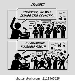 Funny comic strips. Change. Country leader giving speech and asking his people to change the country by changing themselves first. Comic depicts backlash, protest, sarcasm, and refuse to change.