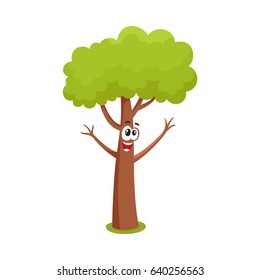 Funny comic style tree character raising branchies as hands, cartoon vector illustration isolated on white background. Funny, crazy tree character, mascot with smiling human face, greeting gesture