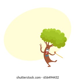 Funny comic tree character dancing step with walking cane, cartoon vector illustration with space for text. Funny smiling tree character, mascot in bow tie dancing with walking stick, cane
