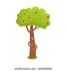 Funny Comic Tree Character Hugging Itself, Heart In Leaves, Symbol Of Love, Cartoon Vector Illustration Isolated On White Background. Funny Tree Character, Mascot With Smiling Human Face Showing Love