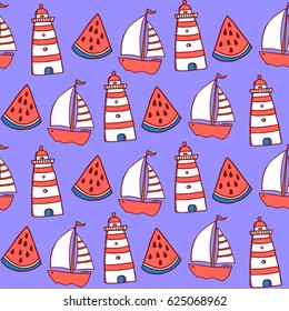 funny comic vector childish sea pattern with boats and watermelon