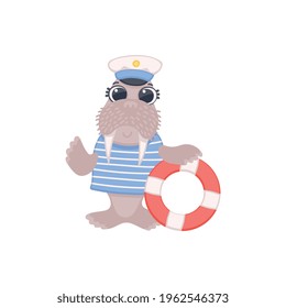 Funny comic walrus sailor cartoon character with striped lifebuoy, flat vector illustration isolated on white background. Cute walrus in marine shirt and hat.