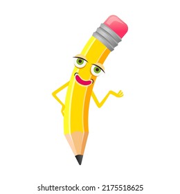 Funny comic writing tool with smiling face, animated mascot holding book, isolated on white. Cute pencil cartoon character vector illustration