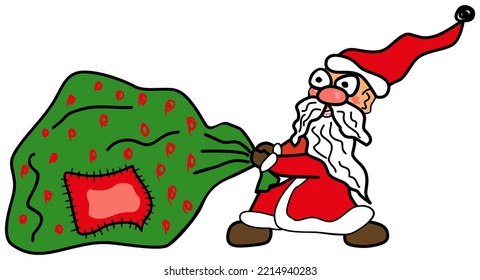 Funny comical cartoon Santa Claus dragging a huge bag with gifts. Vector outline character isolated on transparent background