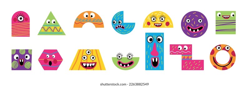 Funny comics abstract cartoon elements. Happy smile people art, geometric figures with faces, childish characters. Graphic emoji. Doodle style vector illustration tidy icons