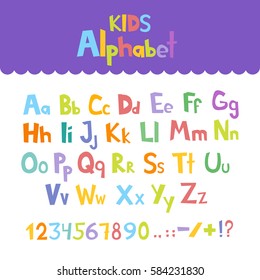 Funny comics font. Hand drawn colorful cartoon English alphabet letters. Vector illustration