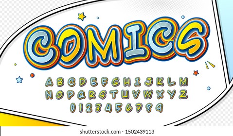 Funny comics font, kid's alphabet in style of pop art. Multilayer yellow-blue letters with halftone effect on comic book page for decoration of children's illustrations, posters, advertising