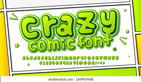 Funny comics font, kid's alphabet in style of pop art. Multilayer green letters with halftone effect on comic book page for decoration of children's illustrations, posters, advertising