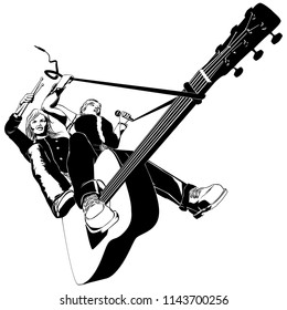 A funny,  comic-style,  vector illustration of a guy riding his guitar to  the gig,  his drummer is bouncing along happily on the back.  Single color, perfect for all of your band needs. 