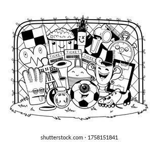 Funny company of football characters. Soccer characters: soccer ball, football boot, goalkeeper glove and others. Composition on the grass in the frame of a football goal. Vector cartoon illustration.