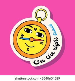 Funny compass sticker in doodle Y2K style with quote "On the right track". Perfect for hiking, trekking, camping, travel blogs, planners, journaling, scrapbooking, and outdoor adventure designs.