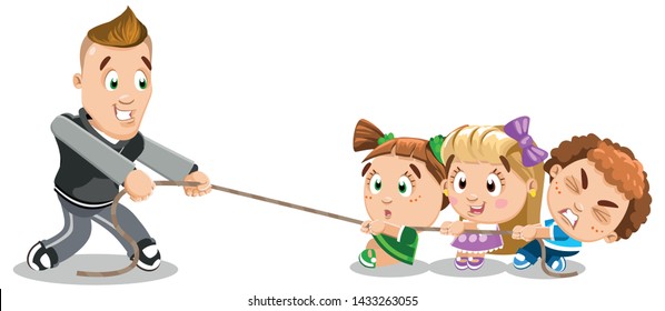 Funny competition, rivalry between gym teacher and schoolchildren at sport lesson. Coach and kids pulling rope, playing Tug or war at physical education class. Vector cartoon isolated on white.