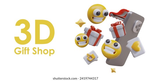 Funny composition with flying yellow smiling emojis, giftboxes, likes, and modern smartphone