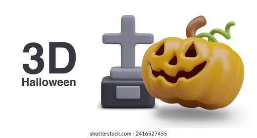 Funny composition for Halloween. Jack o lantern pumpkin with spooky face standing near grave with cross on stone stand. Vector illustration in 3d style with place for text