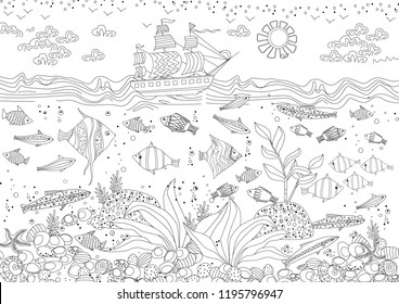 funny composition of marine life for your coloring book