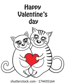 Funny composition with two love cats holding a red heart