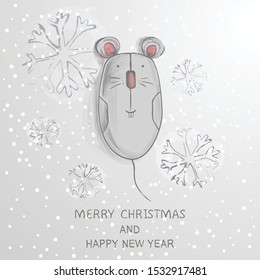 Funny computer mouse with ears and tail. New Year 2020 sign. Christmas card. Abstract illustration