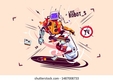 Funny computer robot on flying board vector illustration. Cartoon bot with artificial intelligence with backpack riding gyroboard flat style design. Modern robotics technology