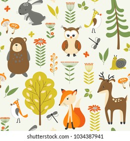 Funny concept childish seamless pattern with wild animals, trees and flowers. Seamless background in vector.