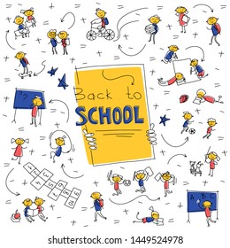 Funny concept children at school. Group of girls and boys play, learn, draw, rejoice. Сartoon characters with place for text. Vector illustration