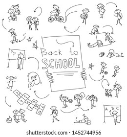 Funny concept of children at school. A group of girls and boys in the classroom, playing, studying, drawing, rejoicing. Cartoon characters with place for text. Vector illustration