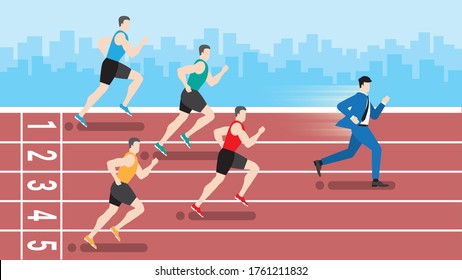 Funny concept. Faster business man running win over runners athlete in race track. Metaphor idea. Hurry up in rush hour of occupation. Vector illustration flat style minimal design.
