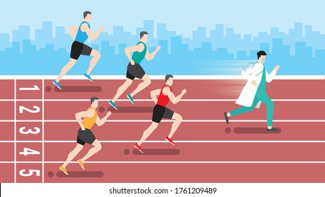 Funny concept. Faster doctor running win over runners athlete in race track. Metaphor idea. Hurry up in rush hour of occupation. Vector illustration flat style minimal design.