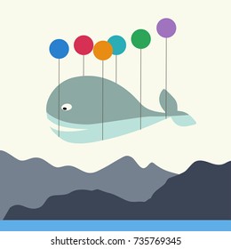 Funny concept of a flying whale using balloons. Vector illustration. Modern flat design.