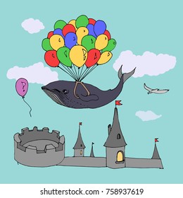 Funny concept of a flying whale using balloons. Hand drawn vector illustration