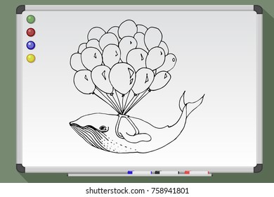 Funny concept of a flying whale using balloons. Hand drawn vector illustration