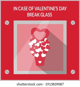 funny concept greeting card vector with text in case of valentines day break glass. emergency illustration for forgetful men with chocolate flowers love hearts on sweet art flat design red background.