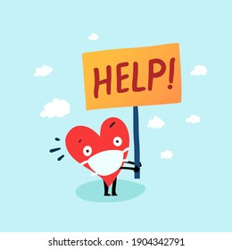 Funny concept HELP! Cute alone heart with mask. Happy Valentine's day vector card