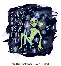 funny concept illustration, print for your brand, hoodie. green alien against the background of the cosmic sky. sketchbook design.