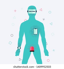 Funny concept of the impact of technology on humans. Vector illustration.