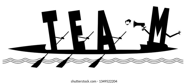 Funny concept inscription team illustration. Letters T, E, A with oars and M with megaphone rides on kayak black on white illustration
